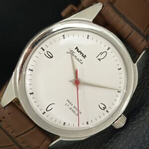 Vintage 1986 HMT Manual Wound Mens Silver Watch & White accents